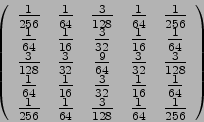 \begin{displaymath}
\left(
\begin{array}{ccccc}
\frac{1}{256} & \frac{1}{64} & ...
...{3}{128} & \frac{1}{64}
& \frac{1}{256} \\
\end{array}\right)
\end{displaymath}