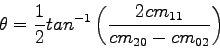 \begin{displaymath}
\theta = \frac{1}{2}tan^{-1} \left(
\frac{2cm_{11}}{cm_{20}-cm_{02}}\right)
\end{displaymath}